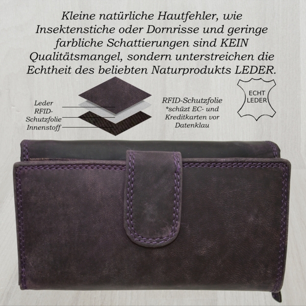 Großes Hübsches Portemonnaie Damen Wild Leder Geldbeutel mit 21 Kartenfächern mit RFID Schutz Lila